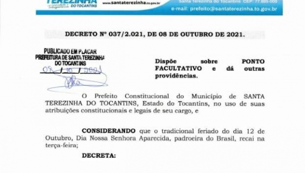 Prefeitura de Santa Terezinha do Tocantins decreta ponto facultativo nesta segunda-feira (11)
