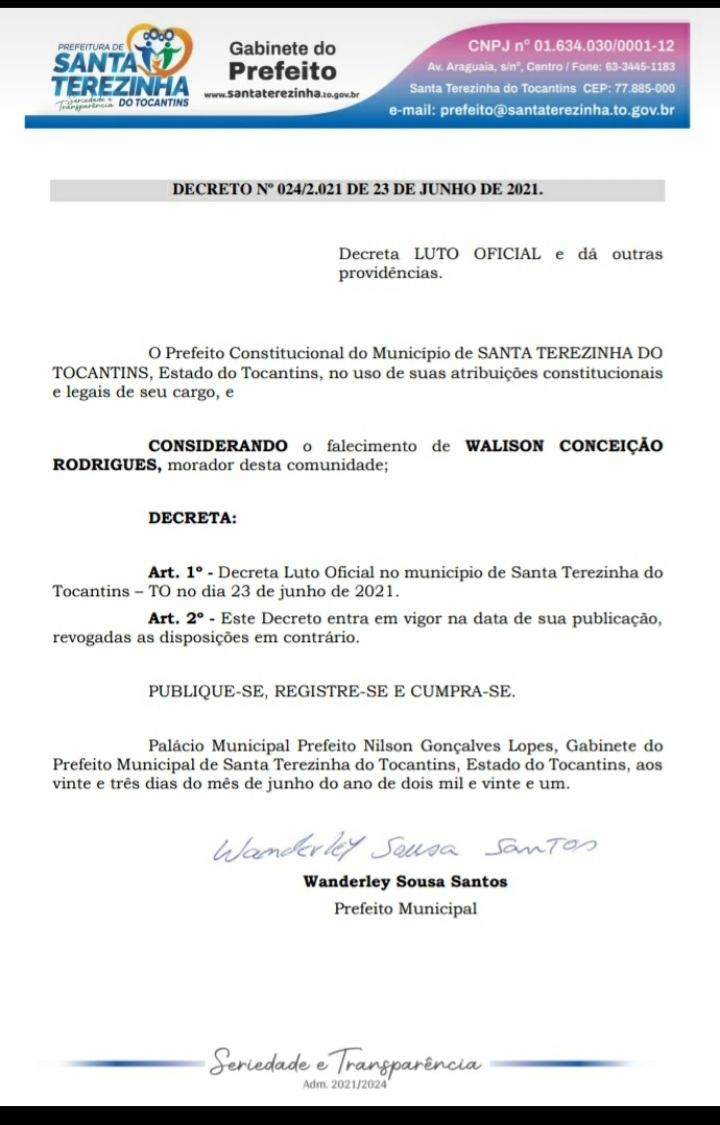 O prefeito Irmão Doda, declara ponto facultativo em virtude do falecimento do jovem Walison Conceição Rodrigues