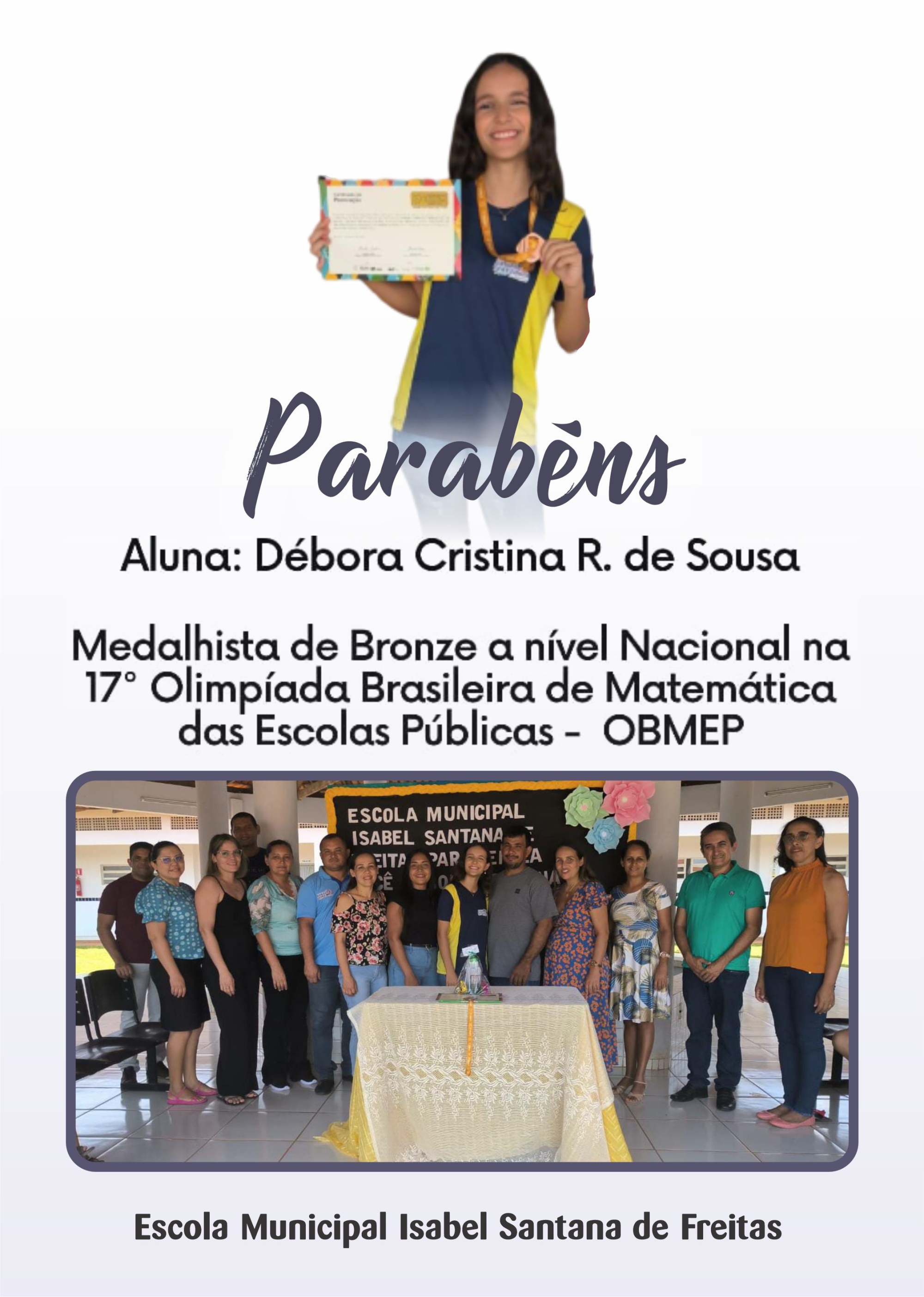 Aluna da rede municipal de ensino de Santa Terezinha do Tocantins recebe medalha na Olimpíada Brasileira de Matemática.