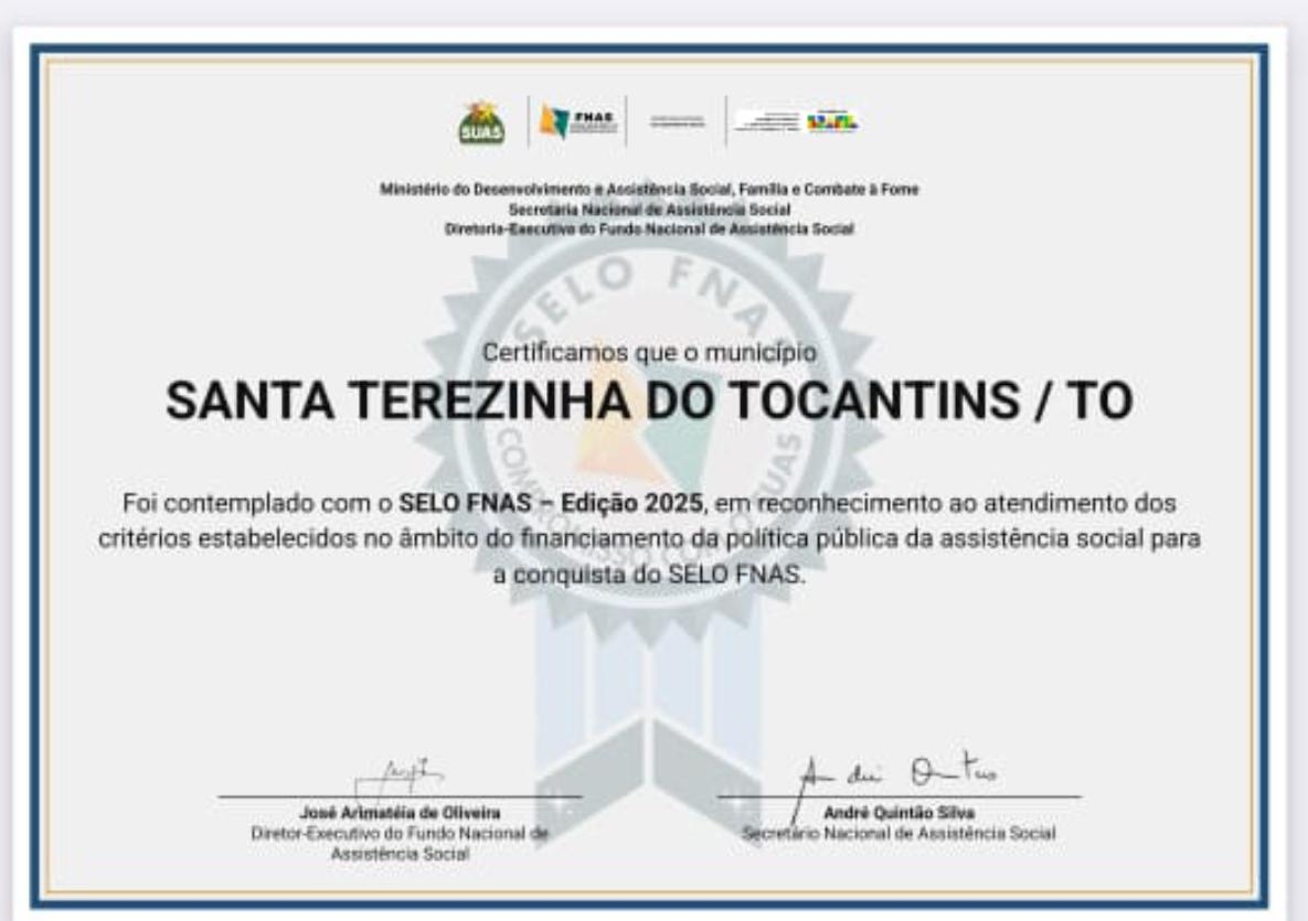 Santa Terezinha é reconhecida com selo do FNAS e MDS por excelência na Assistência Social